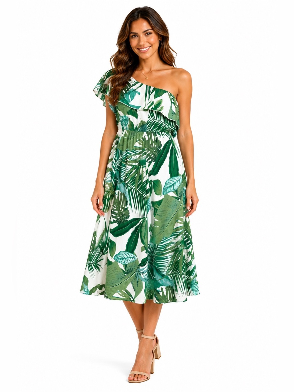 Cupshe Green and White One Shoulder Tropical Print Dress